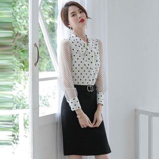 Áo Trắng Sơ Mi Công Sở Phối Lưới Chấm Bi Quí Phái