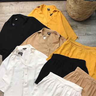 Set váy quần đũi sơ mi cổ V