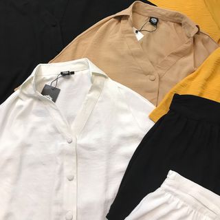 Set váy quần đũi sơ mi cổ V