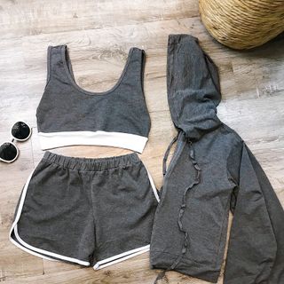 Combo thể thao xám Short Crop viền trắng áo khoác nón dây kéo