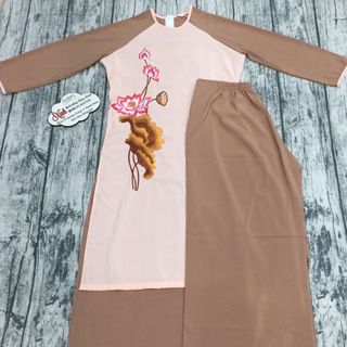 Set áo dài nâu hai tầng thêu hoa sen