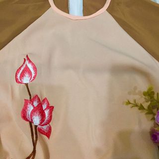 Set áo dài nâu hai tầng thêu hoa sen