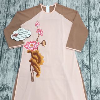 Set áo dài nâu hai tầng thêu hoa sen