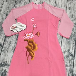 Set áo dài hồng hai tầng thêu hoa sen