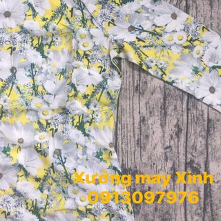 Áo dài truyền thống linen vàng hoa trắng