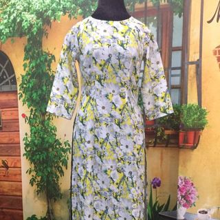 Áo dài truyền thống linen vàng hoa trắng