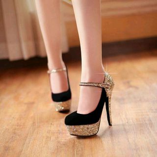 Giày cao gót nhọn đính kim tuyến phối da lộn