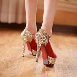 Giày cao gót nhọn đính kim tuyến phối da lộn