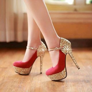 Giày cao gót nhọn đính kim tuyến phối da lộn