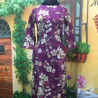 Áo dài truyền thống gấm chéo tím hoa trắng
