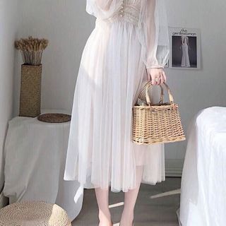 Đầm Mexi Phối Lưới Tay Dài