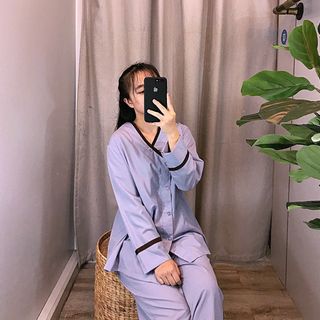 Đồ bộ lam đắp vạt nút viền cổ