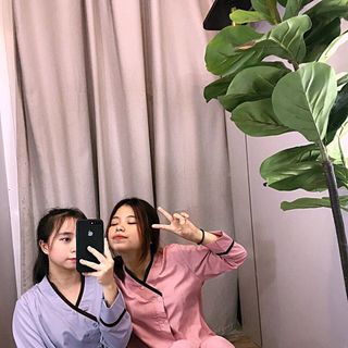Đồ bộ lam đắp vạt nút viền cổ