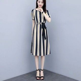 ĐẦM SỌC EO THUN DÂY ĐEN - DT1013