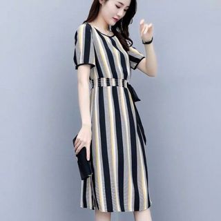 ĐẦM SỌC EO THUN DÂY ĐEN - DT1013