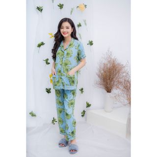 Bộ bầu pyjama tay ngắn lá cọ xanh biển giá sỉ