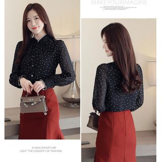 Áo Đen Sơ Mi Chấm Bi Cổ Trụ Viền Xếp Ly Cao Cấp