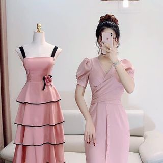 Đầm body nút hồng đắp chéo ngực cột nơ lưng