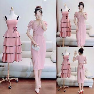 Đầm body nút hồng đắp chéo ngực cột nơ lưng