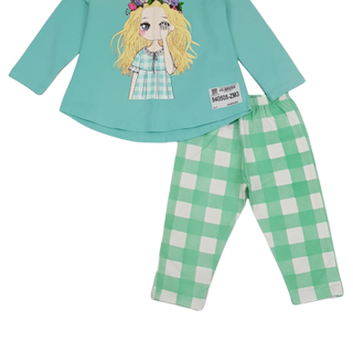 940505-ZM1- BBG cotton dài tay quần kẻ in cô gái hồng đậmsize bé 1-7/ri7/t7a/3