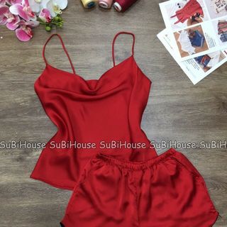 Đồ Ngủ Lụa Satin Áo Dây Viền Lé Cổ Đổ