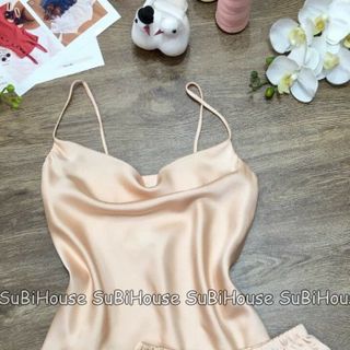 Đồ Ngủ Lụa Satin Áo Dây Viền Lé Cổ Đổ