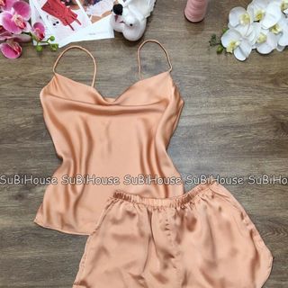 Đồ Ngủ Lụa Satin Áo Dây Viền Lé Cổ Đổ