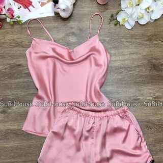 Đồ Ngủ Lụa Satin Áo Dây Viền Lé Cổ Đổ