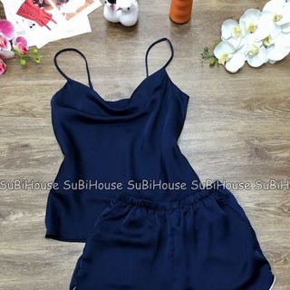 Đồ Ngủ Lụa Satin Áo Dây Viền Lé Cổ Đổ