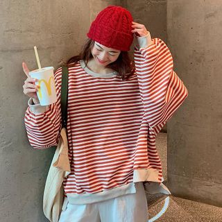 Áo nỉ nữ Sweater form rộng kẻ ngang