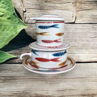 BỘ PHIN CAFE BÁT TRÀNG VẼ TAY HỌA TIẾT - FC04