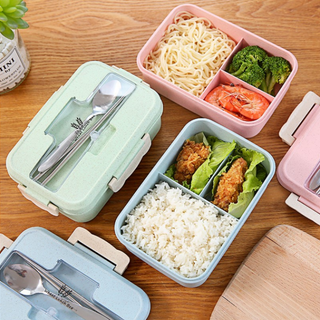 Hộp cơm lúa mạch 3 ngăn kèm đũa thìa inox cao cấp