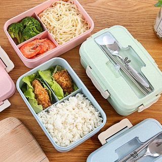 Hộp cơm lúa mạch 3 ngăn kèm đũa thìa inox cao cấp