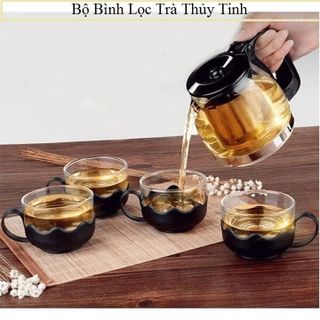 Bộ Bình Lọc Trà Thủy Tinh Kèm 4 Ly Lưới Lọc Inox 304 Tiện Dụng