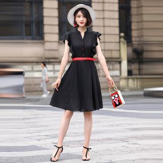 Đầm Cao Cấp Voan Cổ Trụ V Cánh Tiên Xòe