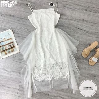 Đầm body ren phối lưới ngọc trai cánh tiên