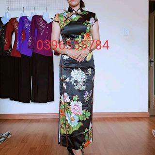 sườn xám thượng hải Dài Lụa đen in 3D