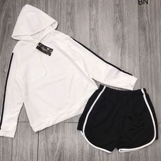 set bộ đồ nữ đẹp chất cá tính dễ thương giá rẻ áo mũ sọc tay quần sooc viền BN 54583 Kèm Ảnh Thật