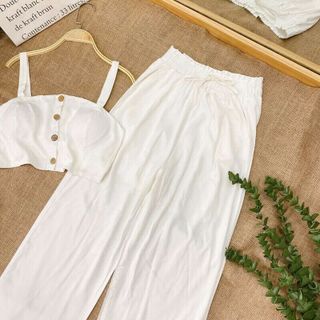 set áo croptop quần suông đũi giá sỉ