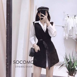 set đầm sơ mi phối áo khoác giá sỉ