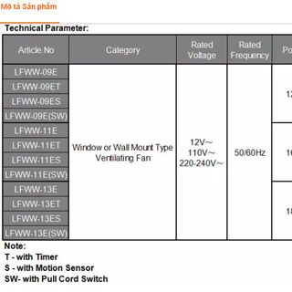 Quạt thông gió phòng vệ sinh 1 chiều với lỗ chờ 100 100mm Model LAVFILL LFWW-09EK