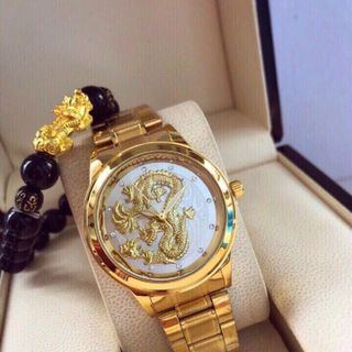 Đông hồ nam dây thép đúc hình rông vàng