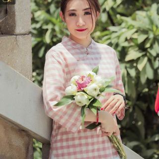Pháp Phục Đồ Lam Đi Chùa - Áo Vải Đũi Màu Ca Rô Hồng Cánh Sen Đài Loan - ADUIMCR28