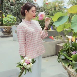 Pháp Phục Đồ Lam Đi Chùa - Áo Vải Đũi Màu Ca Rô Hồng Cánh Sen Đài Loan - ADUIMCR28