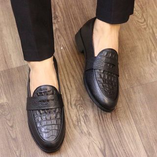 Giày da nam da bò vân cá sấu- đế cao su
