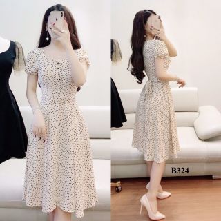 ĐẦM XÒE KATE LỤA CHẤM BI PHỐI NÚT CỰC ĐẸP ĐỦ SIZE 39-70KG