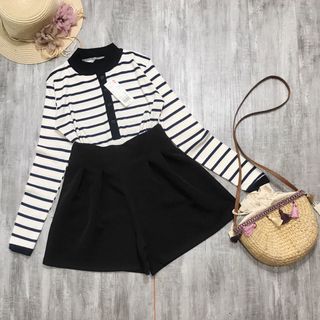 Sét áo lên gân cổ tàu mix giả váy xếp ly