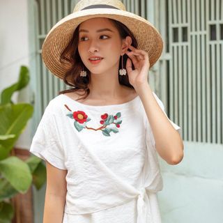 Set váy trắng áo thêu hoa cột nơ TK