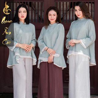 Pháp Phục Đồ Lam Đi Chùa Cao Cấp - Áo Phật Tử Vải Lanh Linen Xanh Phối Trắng Đài Loan ALINENX18 giá sỉ