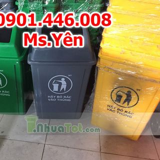 Bán Thùng rác 60L nắp lật màu xanh lá xám vàng có chữ push giá rẻ tại HCM
